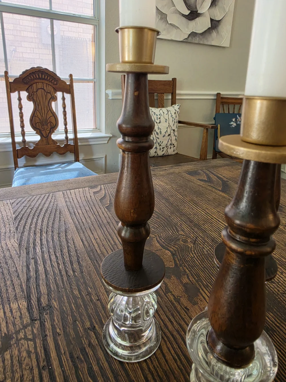 Set of 5 taper candlestick holders with turned wood stems, gold-tone brass cups